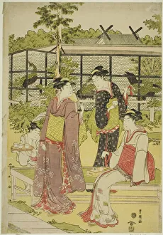 Center Sheet Of Oban Triptych Gallery: Women Visiting the Bird and Flower Teahouse (Kachojaya), c. 1792 / 93