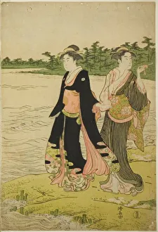 Right Sheet Of Oban Triptych Prints: Two Women Waiting for a Ferry on the Sumida River, c. 1787. Creator: Torii Kiyonaga