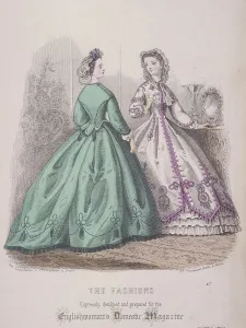 Two women wearing the latest fashions, 1864