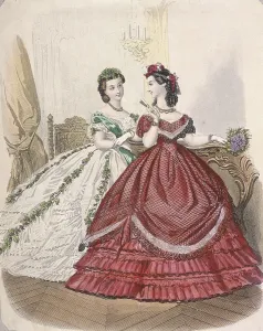 Two women wearing the latest indoor fashions, c1850
