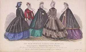 Five women wearing the latest winter fashions, 1863