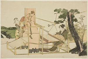 Rose Gallery: Women weaving on a loom, Japan, late 1810s and / or early 1820s. Creator: Hokusai