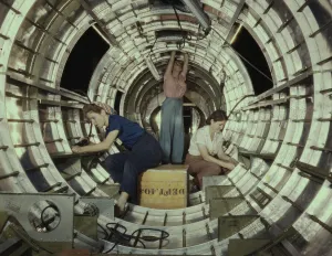 War Production Gallery: Women workers install fixtures and assem...Douglas Aircraft Company plant, Long Beach, Calif