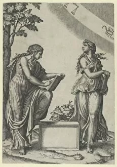 Astrology Collection: Two women of the zodiac standing beneath the signs of Libra and Scorpio, ca