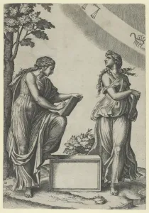 Libra Gallery: Two women of the zodiac standing beneath the signs of Libra and Scorpio, ca. 1517-20