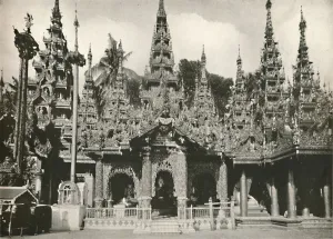Rowe And Co Prints: Wood Carved Shrines with Glass Mosaic work at the Shwe Dagon Pagoda, Rangoon, 1900