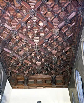 Antoni Gallery: Wood coffered ceiling in one of the upstairs ceilings of the Güell Palace, built