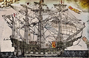 Frederic Gordon Roe Collection: A woodcut of a ship which is believed to be The Ark Royal, c1587