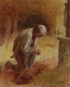 Bundle Prints: Woodcutter Kneeling before a Forest Shrine, c1865. Creator: James Crawford Thom
