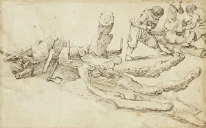 Woodcutters Cutting up Tree Trunks. Creator: Jan van de Velde II