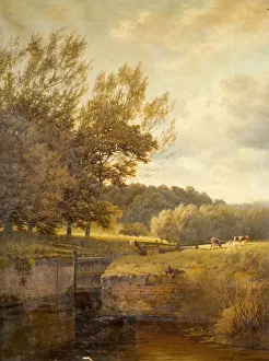 Wooded Landscape with Boy Fishing in a Lock, 1931. Creator: Henry Cheadle Wooded Landscape with Boy Fishing in a Lock, 1931. Creator: Henry Cheadle