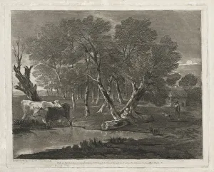 Wooded Landscape with Cows beside a Pool, Figures and Cottage, published in 1797