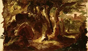 Oil On Paper Prints: Wooded Landscape with Figures, 1837 or 1838. Creator: Thomas Cole