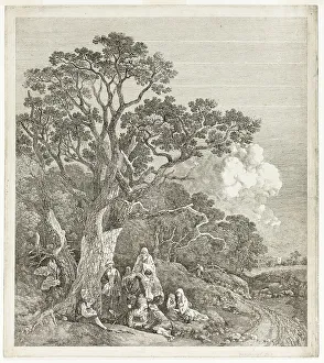 Gipsy Prints: Wooded Landscape with Gypsies Gathered Round a Fire, 1753/54. Creator: Thomas Gainsborough
