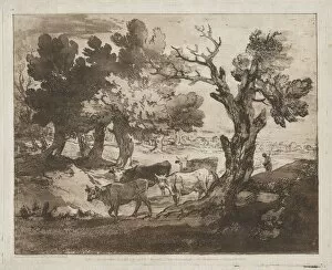 Thomas Gainsborough Collection: Wooded Landscape with Herdsman and Cows, c. 1780-1785. Creator: Thomas Gainsborough (British)