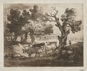 Etching And Aquatint Prints: Wooded Landscape with Herdsman and Cows