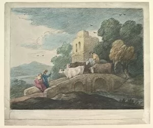 Boydell John And Josiah Collection: Wooded Landscape with Herdsmen Driving Cattle over a Bridge