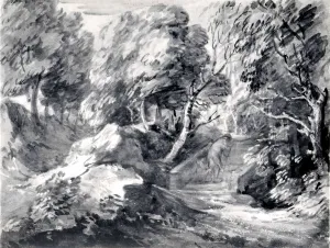 Gainsborough Prints: Wooded Landscape with a Man Crossing a Bridge, early 1780s. Creator: Thomas Gainsborough