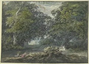 Wove Paper Prints: Wooded landscape, a man is hunting a white stag