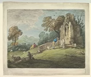 John Josiah Boydell Collection: Wooded Landscape with Peasant Reading Tombstone, Rustic Lovers and Ruined Church