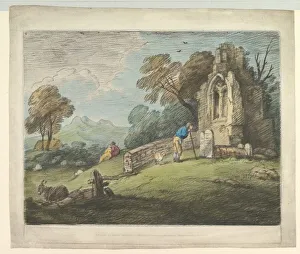 Boydell Gallery: Wooded Landscape with Peasant Reading Tombstone, Rustic Lovers and Ruined Church