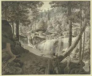 Boulders Prints: Wooded landscape with a waterfall