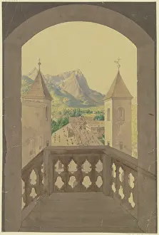 Rooftops Prints: Wooden balcony with stairs, view of a Tyrolean village