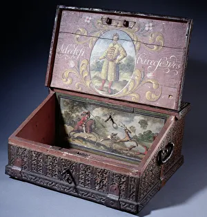 Mixed Media Prints: Wooden cash (or writing) box with poptrait of Peter the Greats son