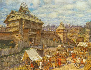 Watercolour On Paper Gallery: Wooden City of Moscow in the 14th century. Artist: Vasnetsov, Appolinari Mikhaylovich (1856-1933)