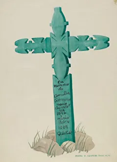 20th Century Bc Prints: Wooden Cross, Carved, Used as Headstone, c. 1937. Creator: Majel G. Claflin