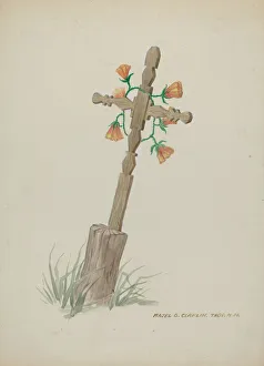 20th Century Bc Prints: Wooden Cross used as Headstone, c. 1937. Creator: Majel G. Claflin