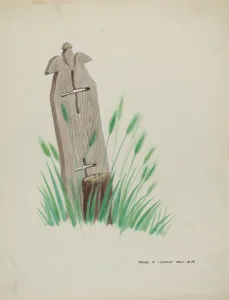 Headstone Prints: Wooden Grave Marker, c. 1937. Creator: Majel G. Claflin