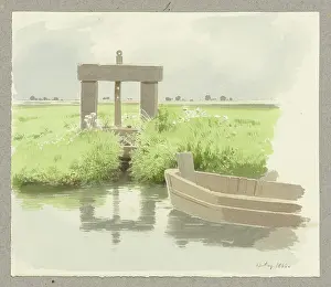 Irrigation Prints: Wooden lock, a boat floating on the water to the right