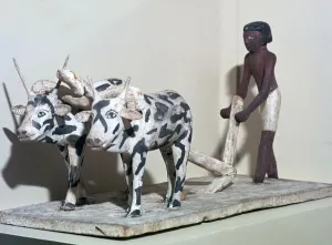 Oxen Prints: Wooden model of a man ploughing with oxen, from Egypt, Middle Kingdom, c2040-1750 BC