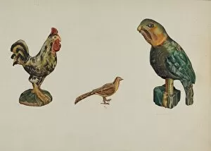 Sculptures Gallery: Wooden Rooster, Pheasant, and Parrot, c. 1937. Creator: Victor F. Muollo