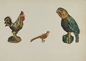 Muollo Prints: Wooden Rooster, Pheasant, and Parrot, c. 1937. Creator: Victor F. Muollo