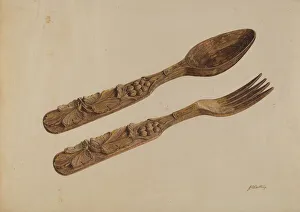 Wooden Spoon Prints: Wooden Spoon and Fork, c. 1939. Creator: John Cutting
