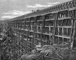 Timber Prints: Wooden trestle bridge on the Union Pacific Railroad, Dale Creek, Wyoming, USA, 1869