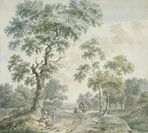 Woods with figures by a road, covered wagon approaching, 1779. Creator: Gerardus Wieringa