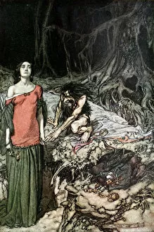 The wooing of Grimhilde, the mother of Hagen. Illustration for Siegfried and The Twilight of the Go Artist: Rackham