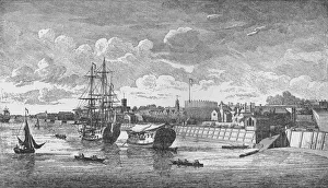 Woolwich Dockyard from the Thames, c1750, (1912). Artists: Unknown, John Boydell Woolwich Dockyard from the Thames, c1750, (1912). Artists: Unknown, John Boydell