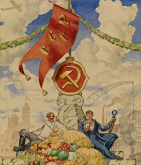 Kustodiev Gallery: Worker and Farmer, 1923. Artist: Kustodiev, Boris Michaylovich (1878-1927)