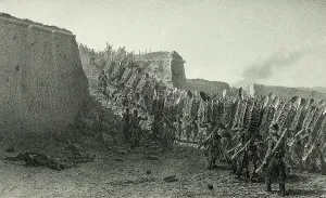 Workers Crowning the Breach of Bastion 7, from Souvenirs d'Italie: Expédition de Rome, 1859. Creator: Auguste Raffet