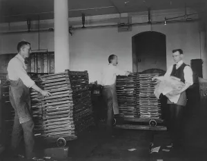 Cyanotypes 1890 1900 Gmgpc Prints: Workers moving newly printed currency into a drying box where sheets will dry before