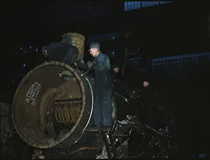 Railroad Shop Prints: Working on the boiler of a locomotive at the 40th Street shops of the C & NW RR