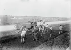 Speedway Prints: Working on motor speedway, 1910. Creator: Bain News Service