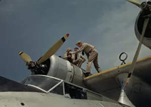Us Navy Gallery: Working on a plane at the Naval Air Base, Corpus Christi, Texas, 1942. Creator: Howard Hollem