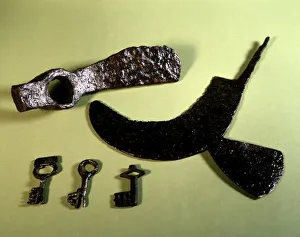 Images Dated 17th July 2012: Working tools: hoe, ax and keys. From Pamplona