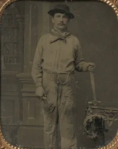 Ferrotype Prints: Workman Holding a Wrench and Hammer, 1860s. Creator: Unknown