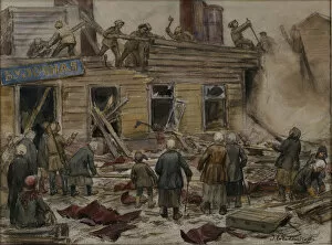 Plunder Gallery: Workmen demolishing wooden houses for fuel, 1920